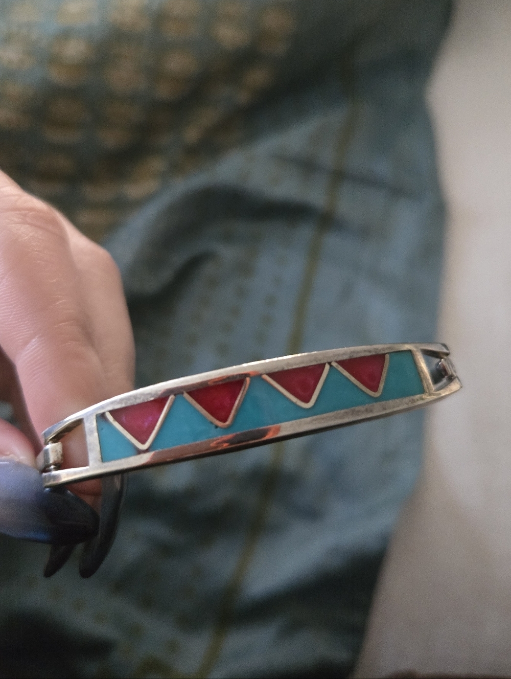 Turquoise & Red Inlay Sterling Silver Bangle Bracelet